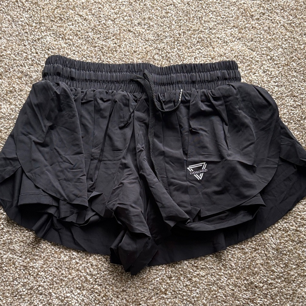 Amazon Women's Black Layered Athletic Shorts with Drawstring